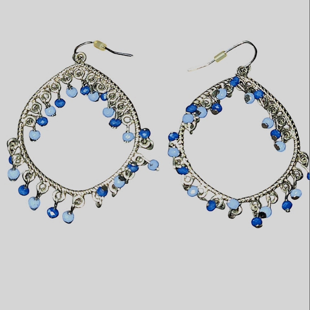 Silver based blue beaded round hook style earrings